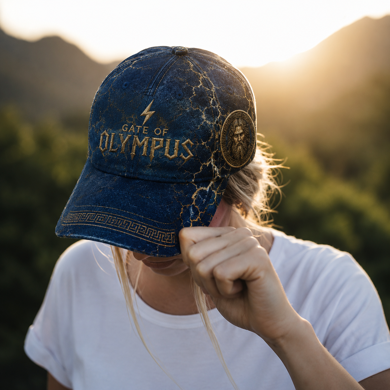 Topi Zeus Gate of Olympus sedang dipakai